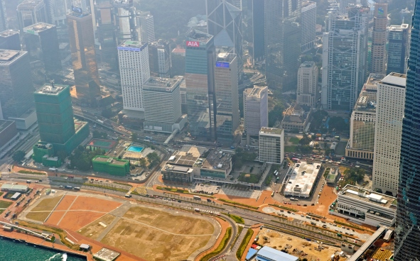 A Bird's eye view of City Hall with site of Central Reclamation Phase III in the front, taken in Dec